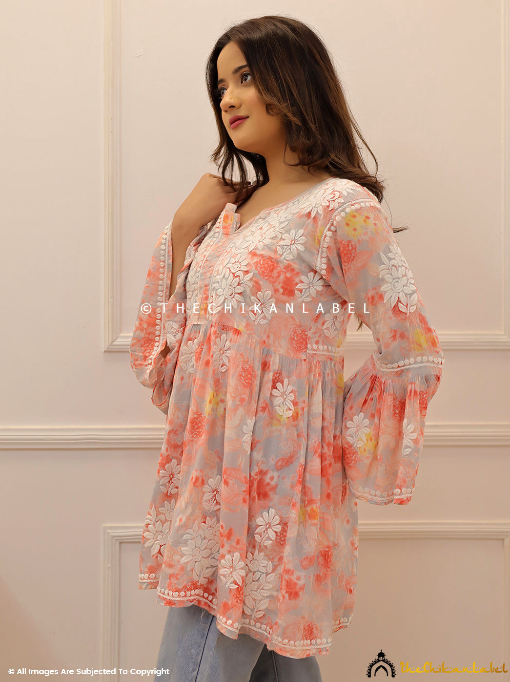 Peach Mulmul Printed Chikankari Short Top