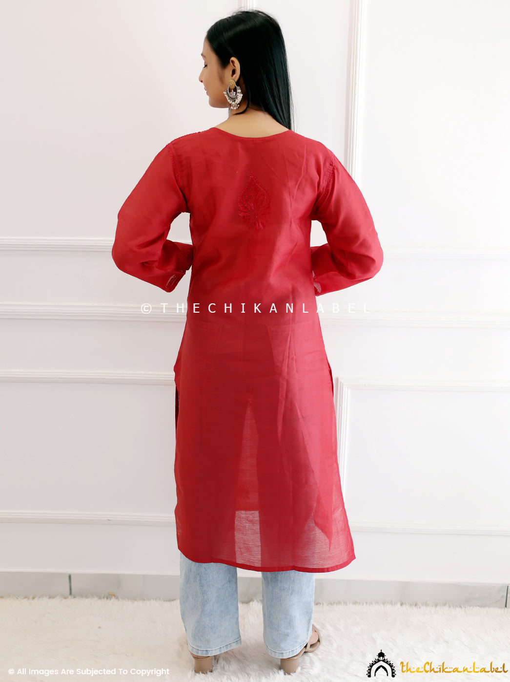 Red Cotton Chikankari Straight Kurti