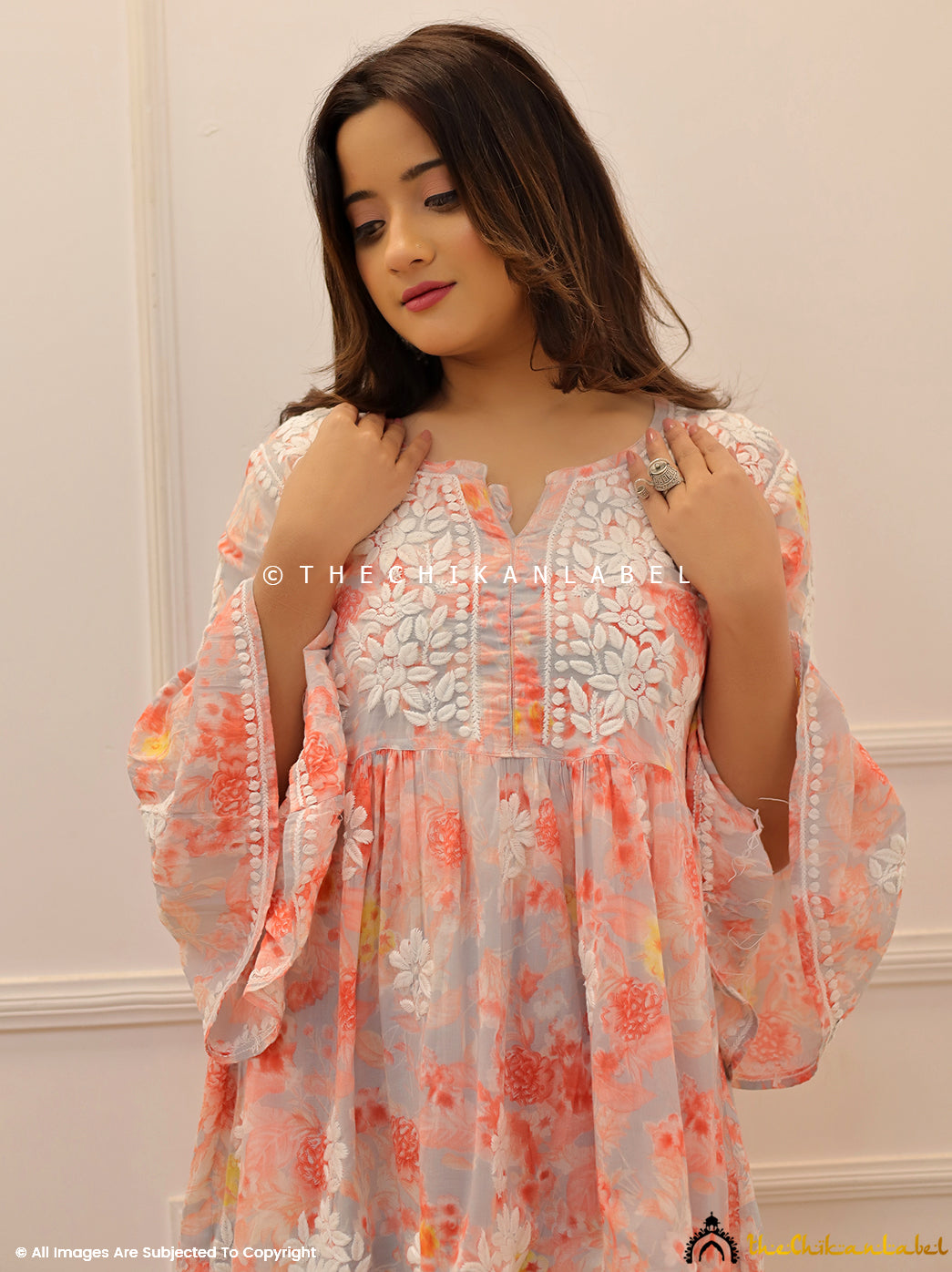 Peach Mulmul Printed Chikankari Short Top