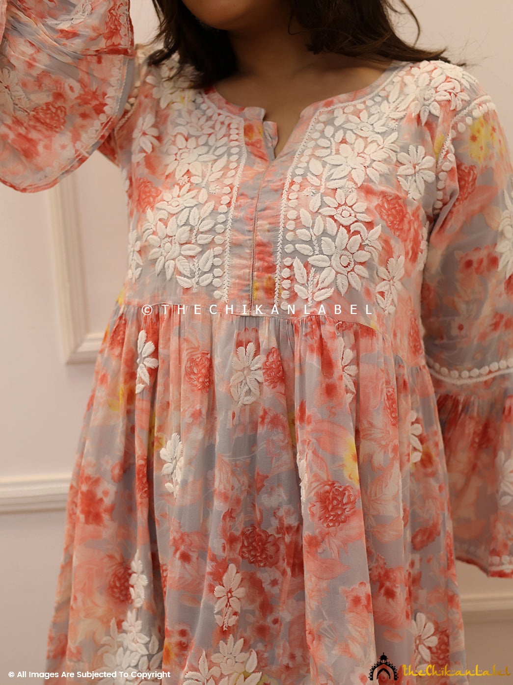 Peach Mulmul Printed Chikankari Short Top