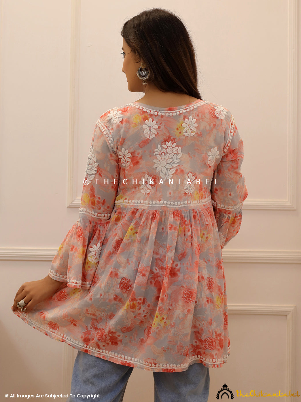 Peach Mulmul Printed Chikankari Short Top