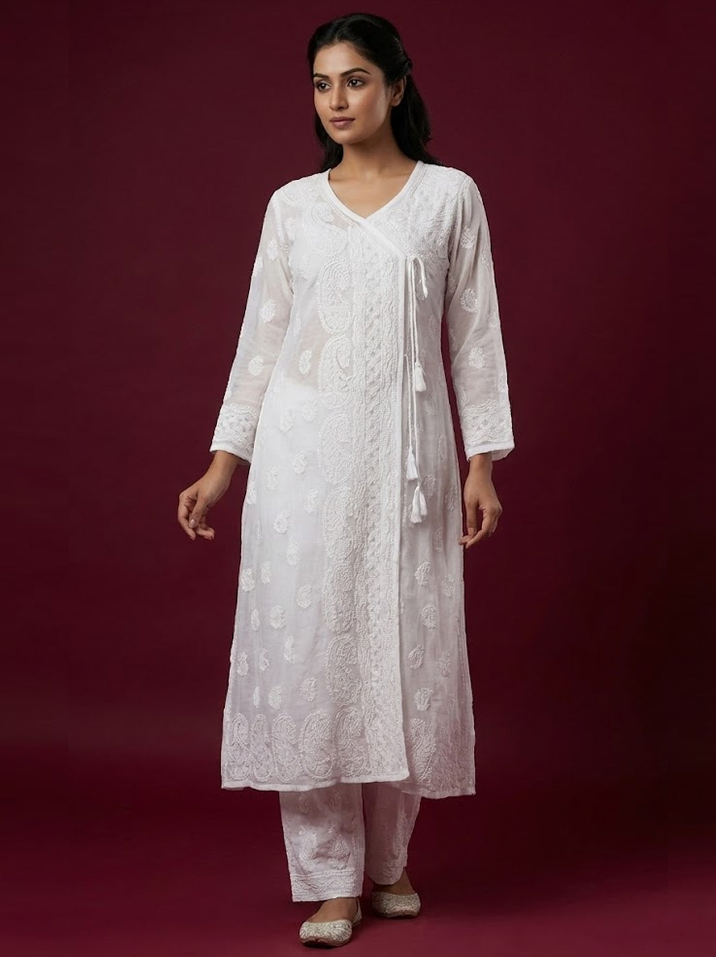 White Viscose Chikankari Angrakha Kurti