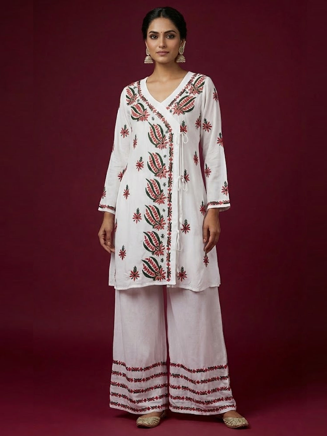 White Modal Chikankari Angrakha Kurti Palazzo Set