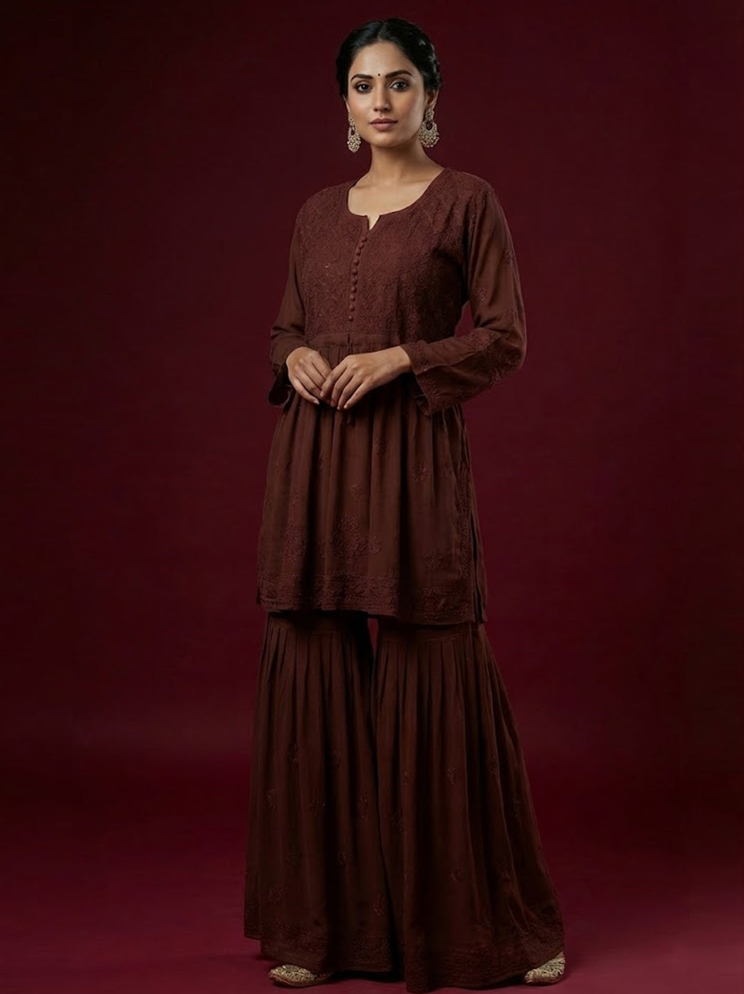 Choco Viscose Chikankari Straight Kurti Garara Set