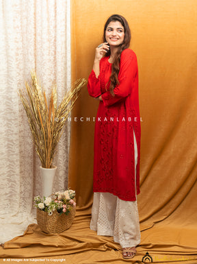 Red Avni Viscose Chikankari Kurti with Mukaish Work