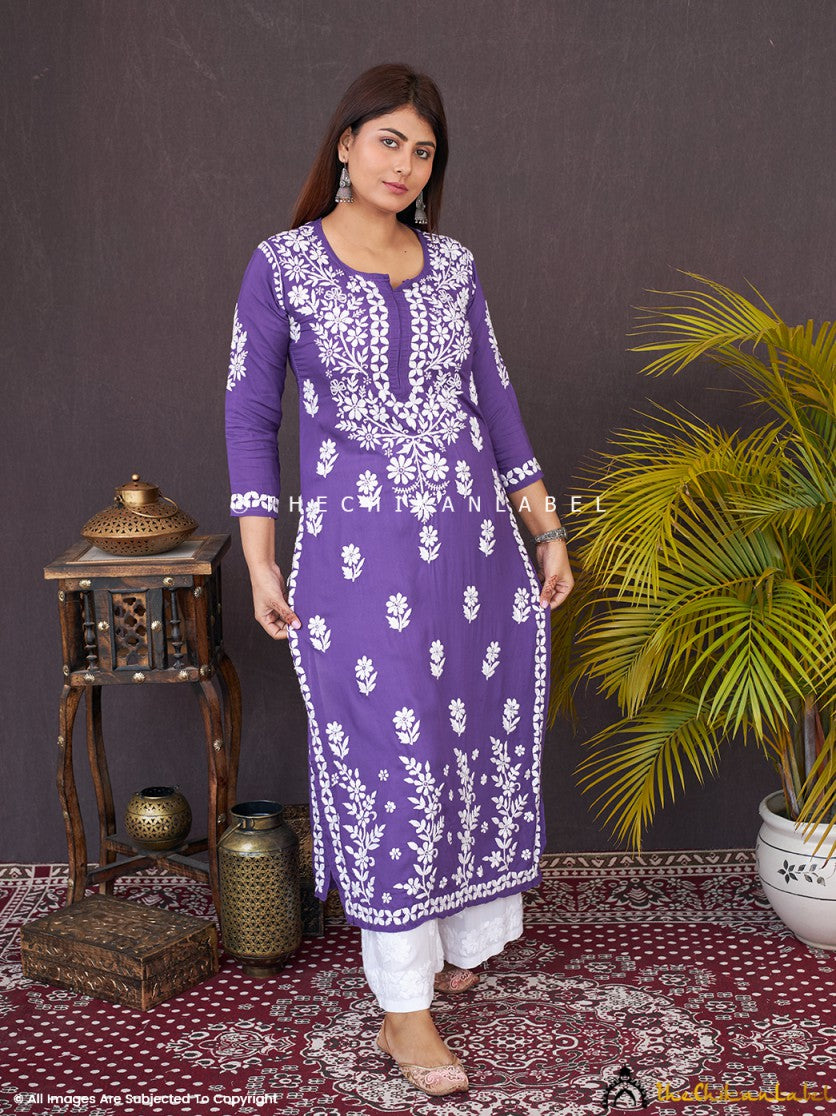 Purple Idaya Modal Chikankari Straight Kurti ,Chikankari Straight Kurti in Modal Fabric For Woman