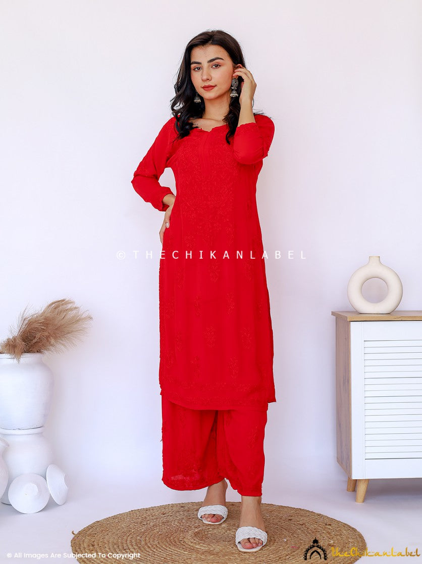 Red Amaaya Modal Chikankari Kurta Palazzo Set