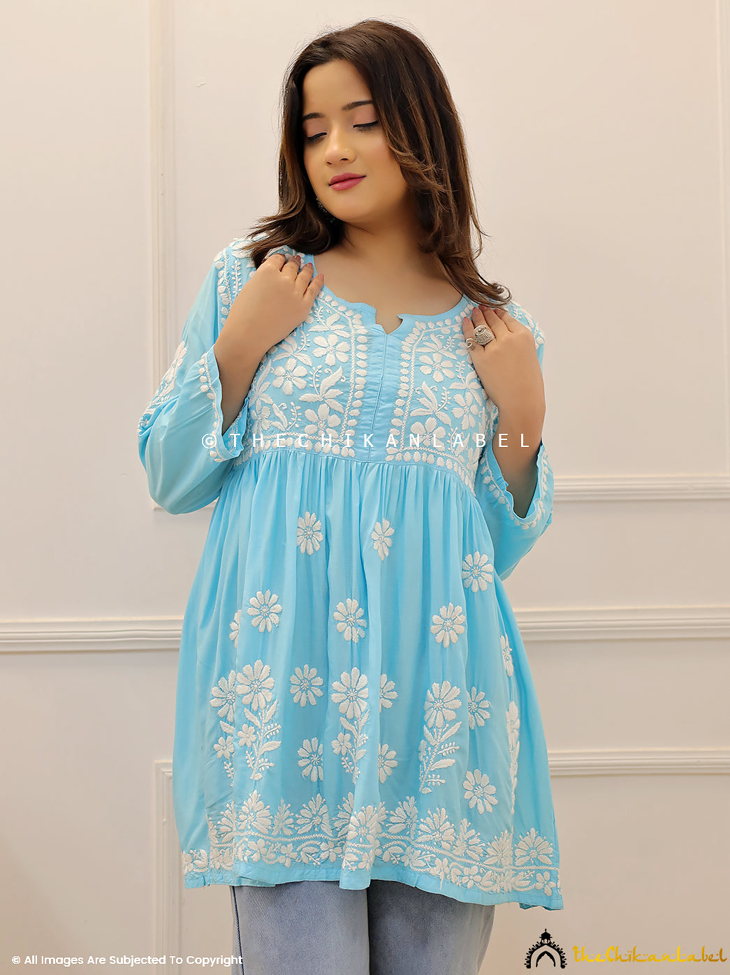 Sky Blue Modal Chikankari Peplum Tunic Top