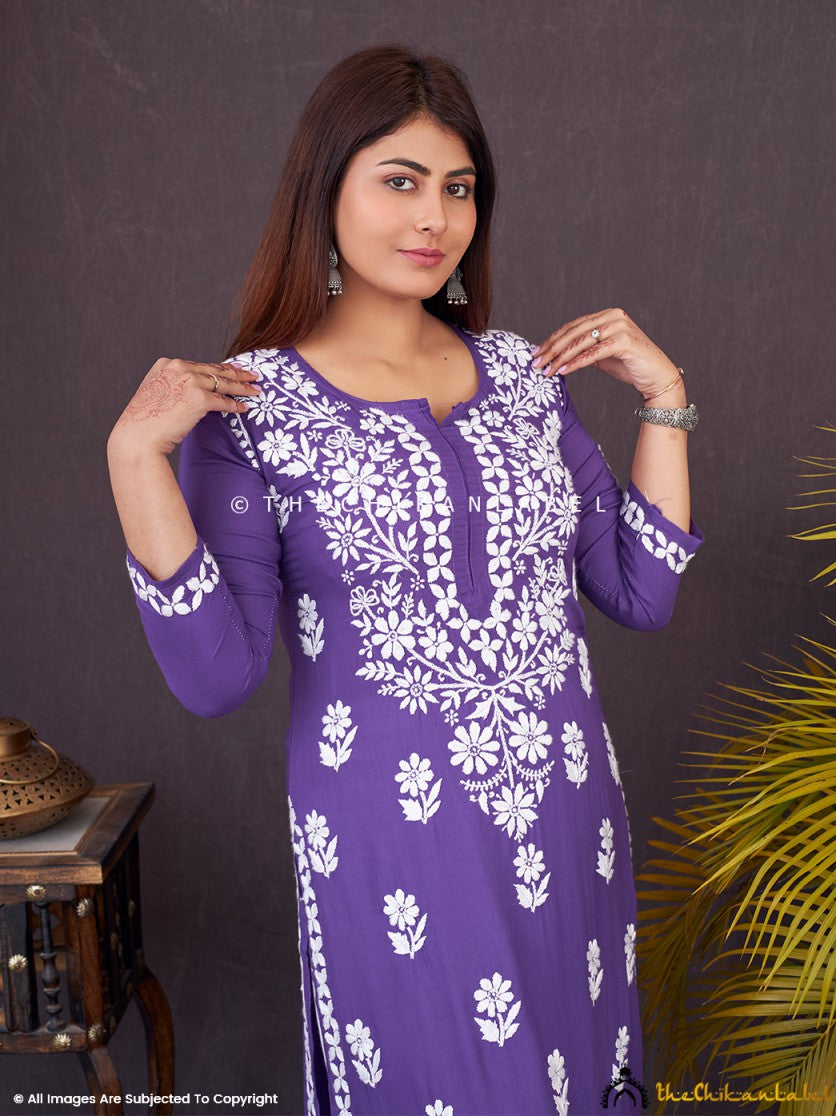 Purple Idaya Modal Chikankari Straight Kurti ,Chikankari Straight Kurti in Modal Fabric For Woman