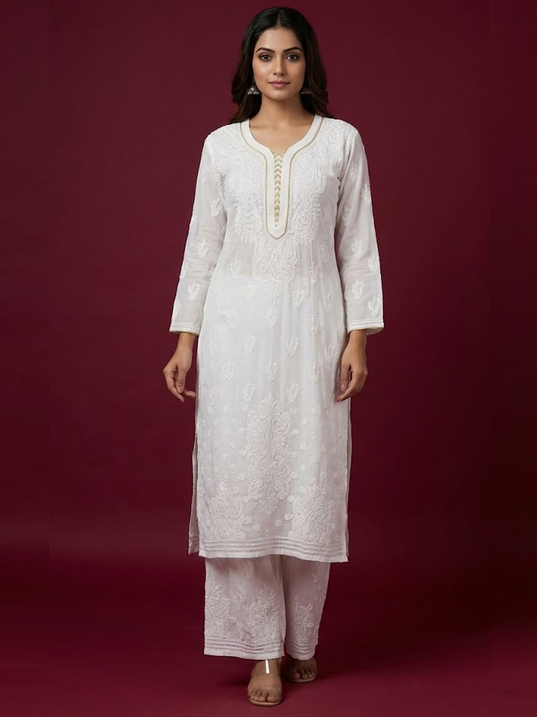 White Viscose Chikankari Straight Kurti Palazzo Set