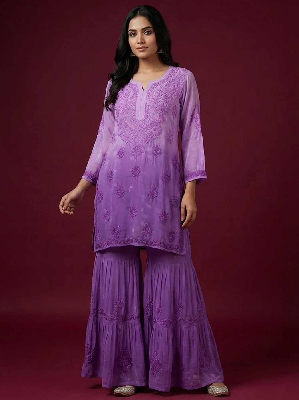 Purple Viscose Chikankari Straight Kurti Garara Set