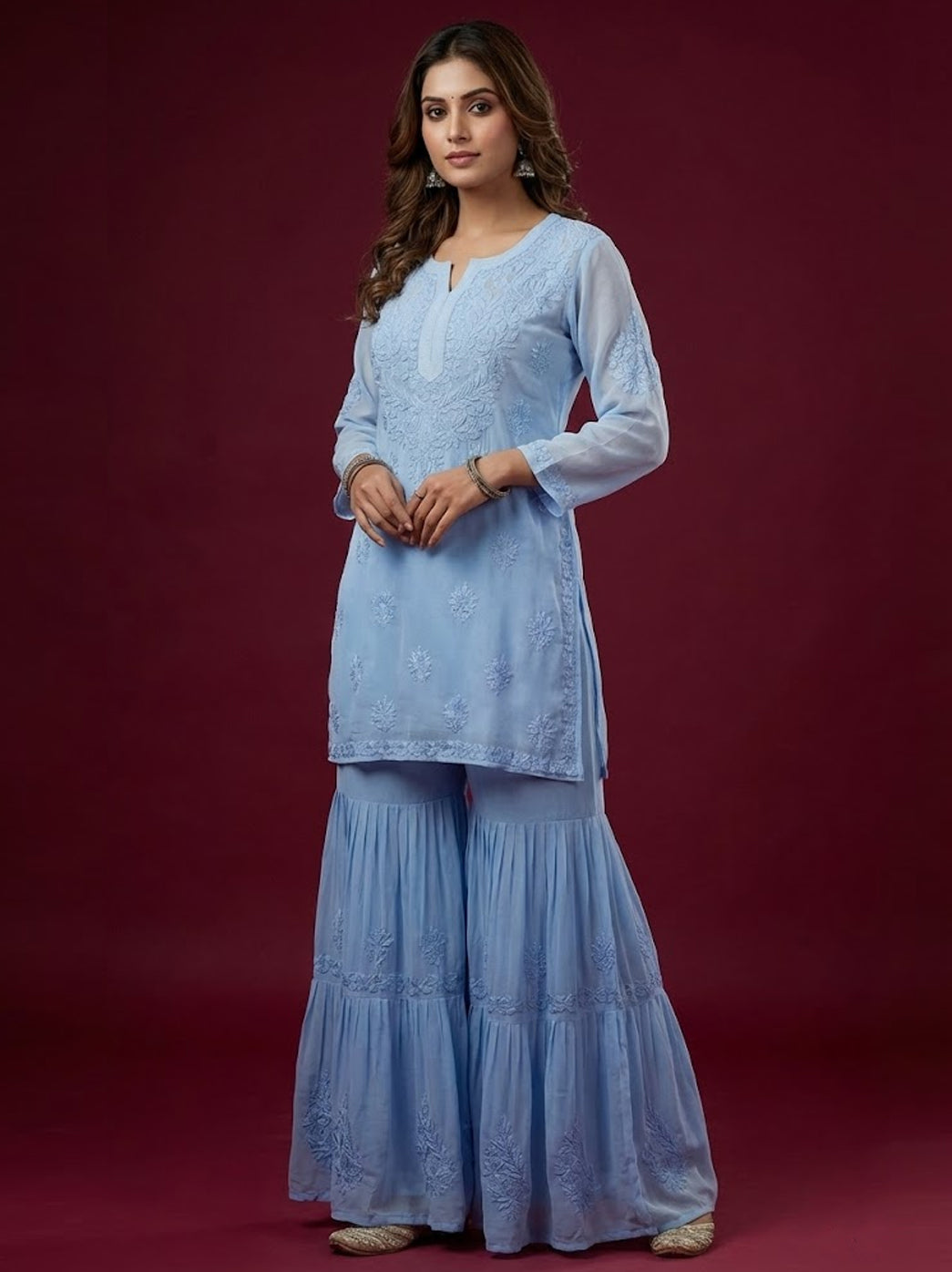 Blue Viscose Chikankari Straight Kurti Garara Set