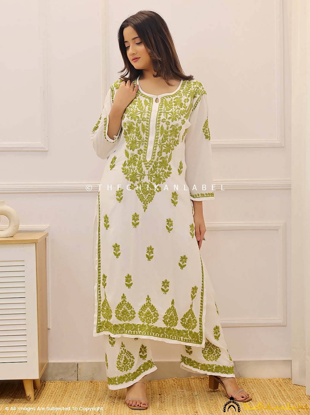 Green Modal Chikankari Kurti Palazzo Set