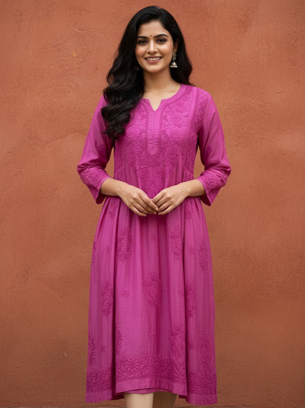 Hot Pink Muslin Chikankari A-Line Kurti