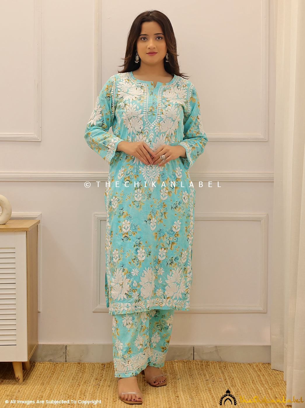 Sea Green Mulmul Chikankari Kurti Palazzo Set