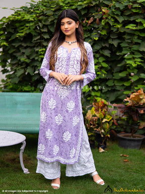 Lavender Nazm Cotton Printed Straight Chikankari Kurti