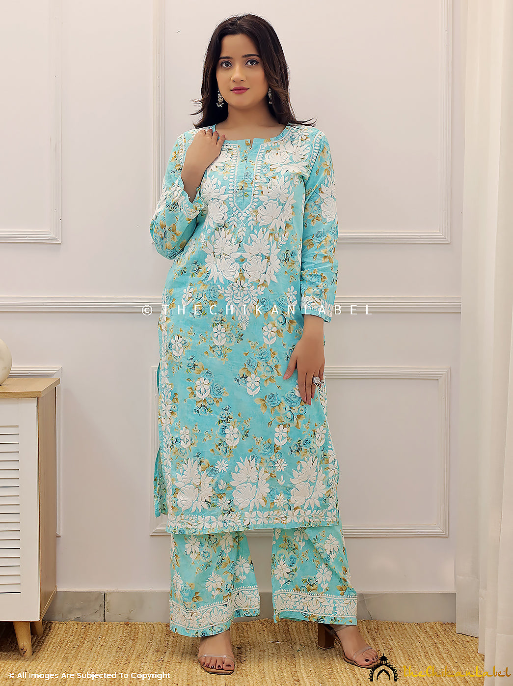 Sea Green Mulmul Chikankari Kurti Palazzo Set