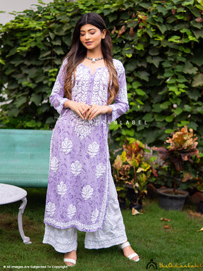 Lavender Nazm Cotton Printed Straight Chikankari Kurti