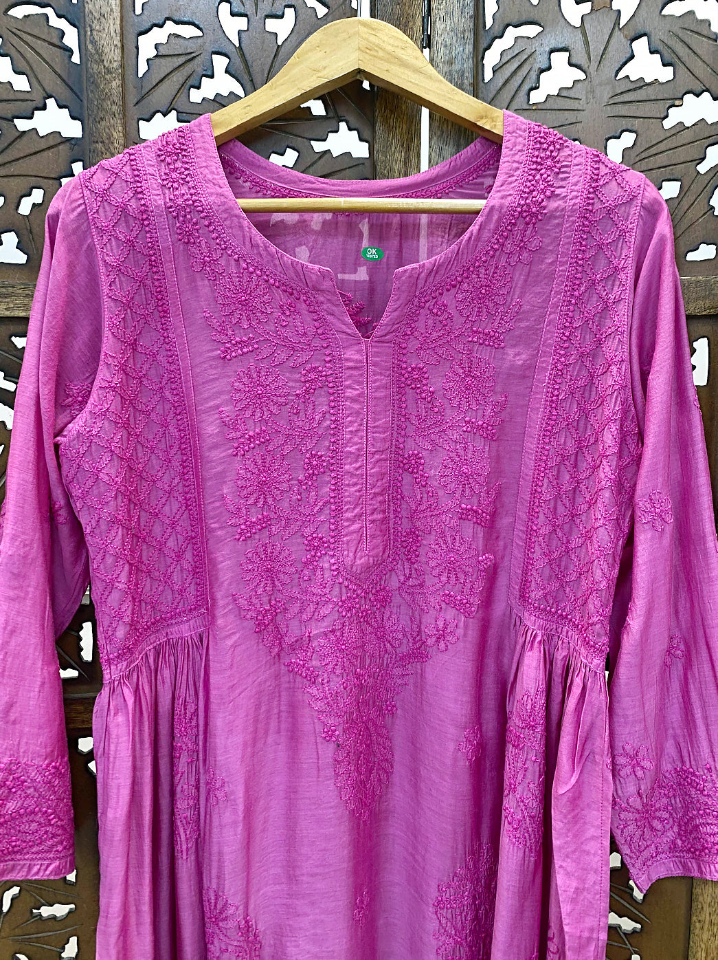 Hot Pink Muslin Chikankari A-Line Kurti