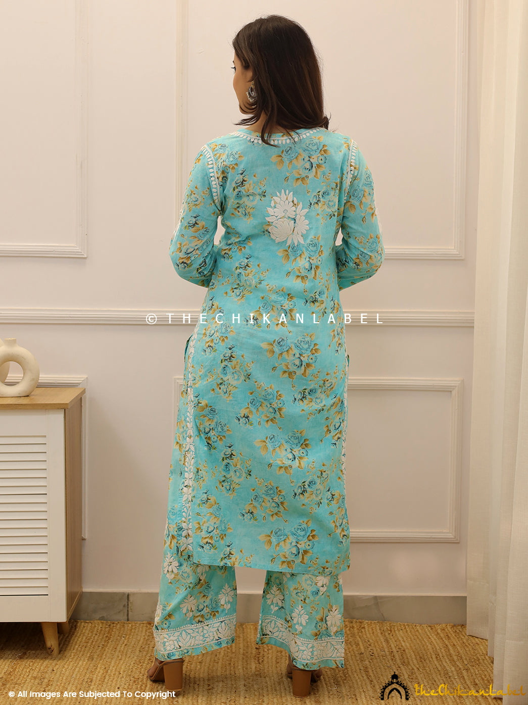 Sea Green Mulmul Chikankari Kurti Palazzo Set