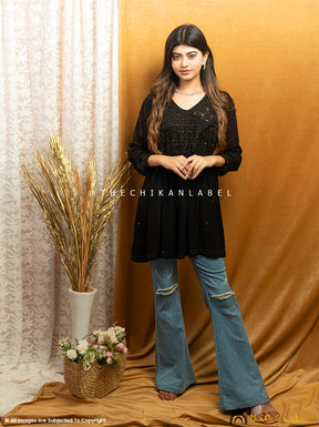 Black Aleena Viscose Chikankari Peplum Angarkha