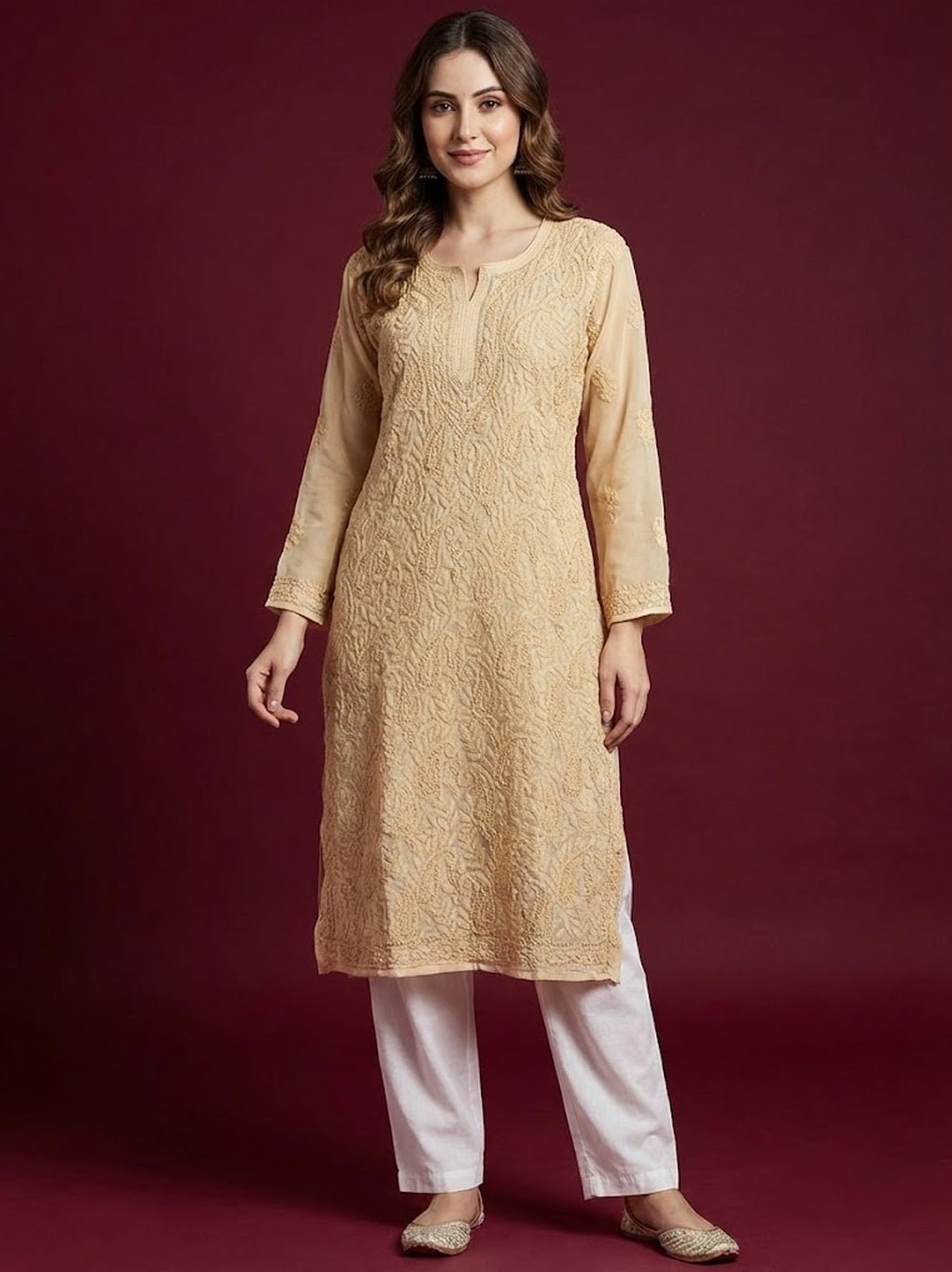 Beige Georgette Chikankari Straight Kurti