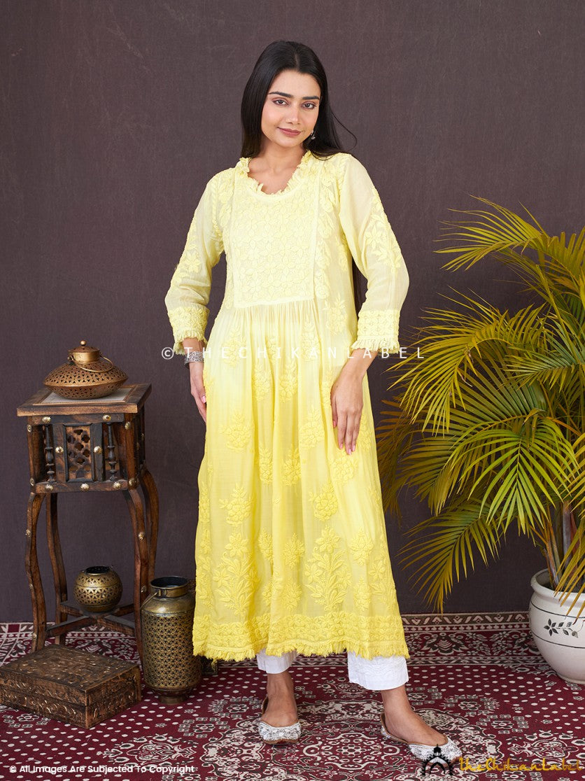 Yellow Noori Muslin Chikankari Anarkali