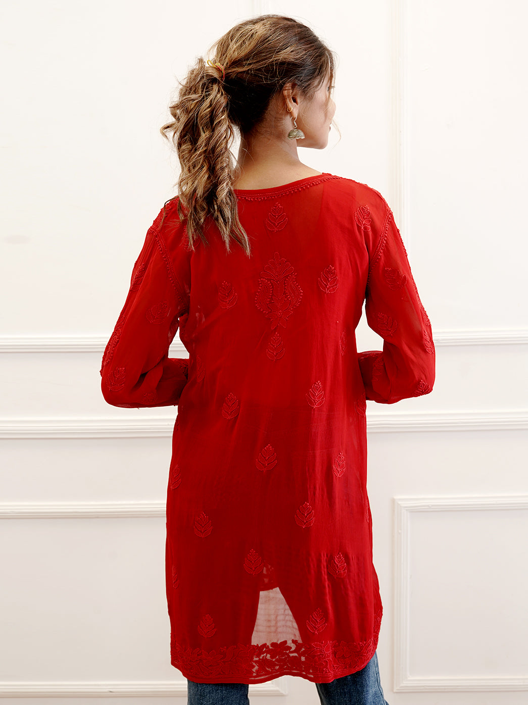 Red Viscose Chikankari Peplum Top