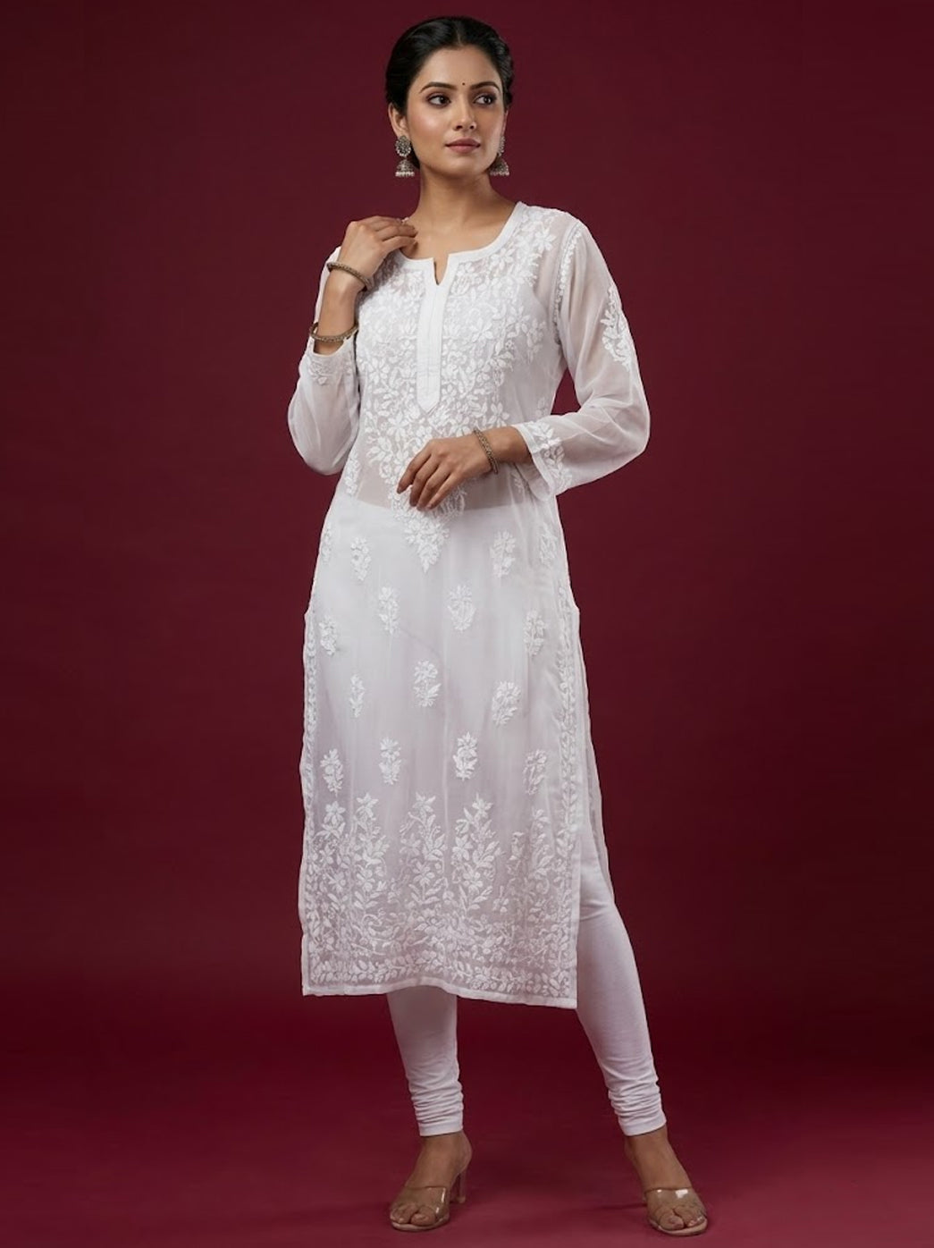 White Georgette Chikankari Straight Kurti