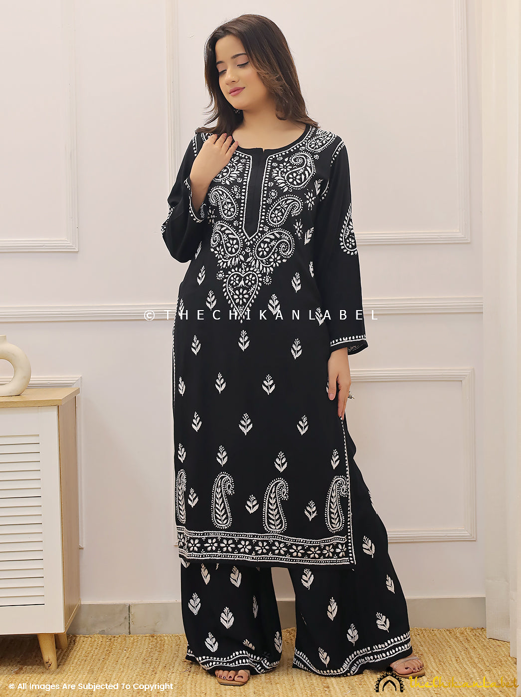 Black Rayon Chikankari Kurti Palazzo Set