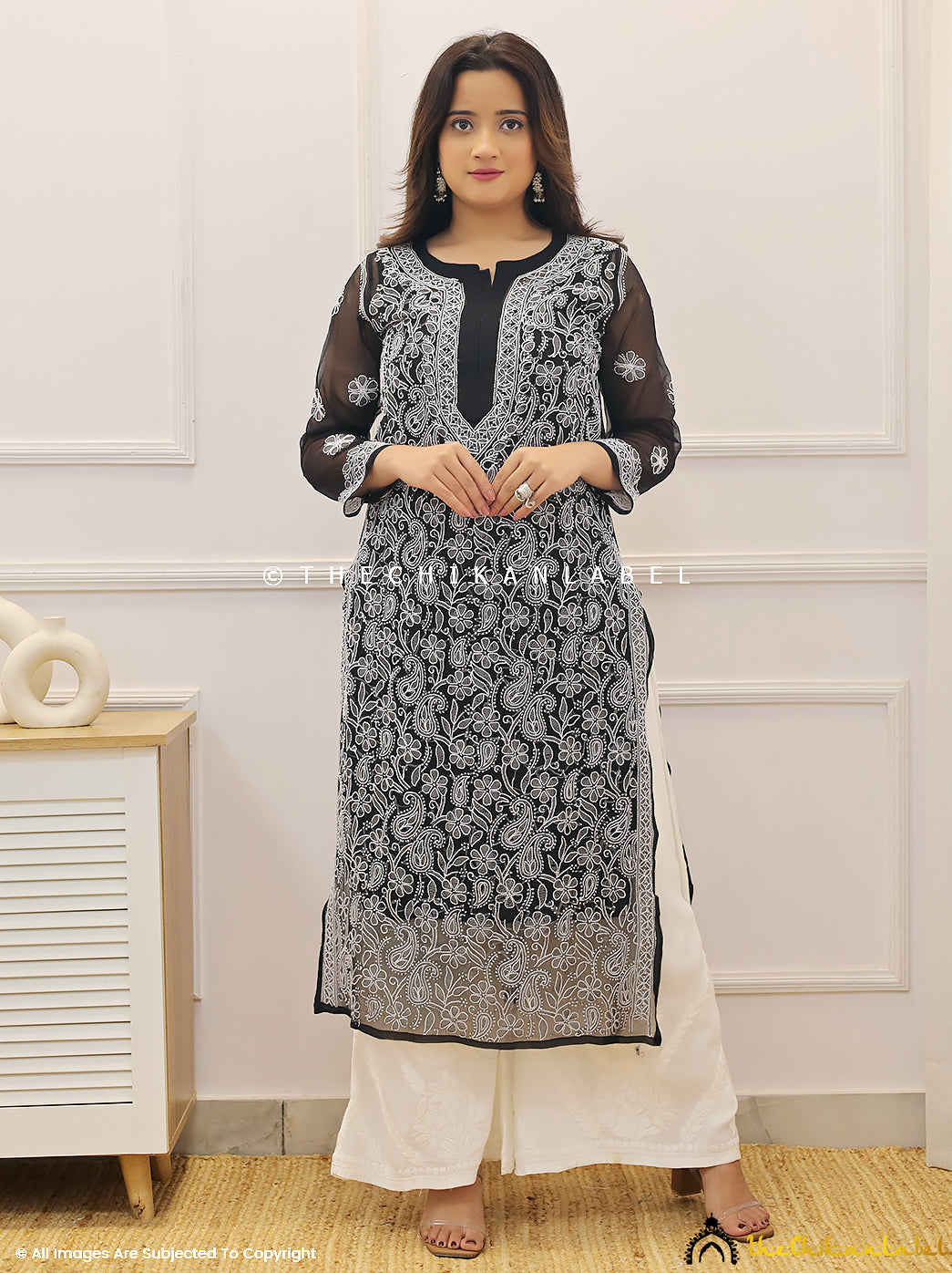 Black Naaz Georgette Chikankari Straight Kurti