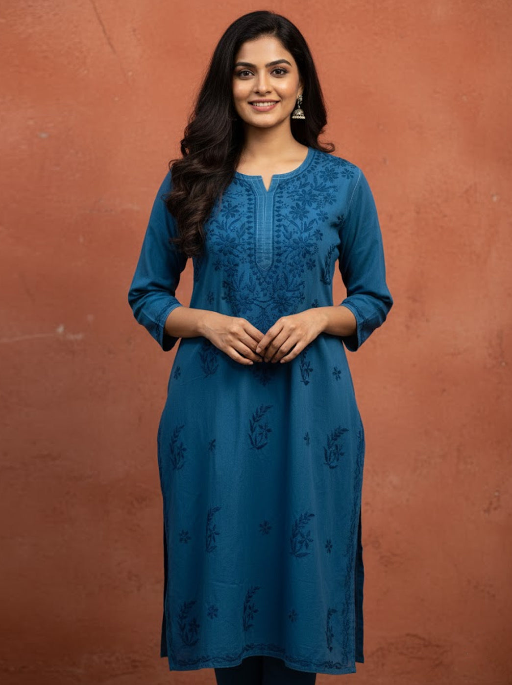 Teal Blue Cotton Chikankari Straight Kurti