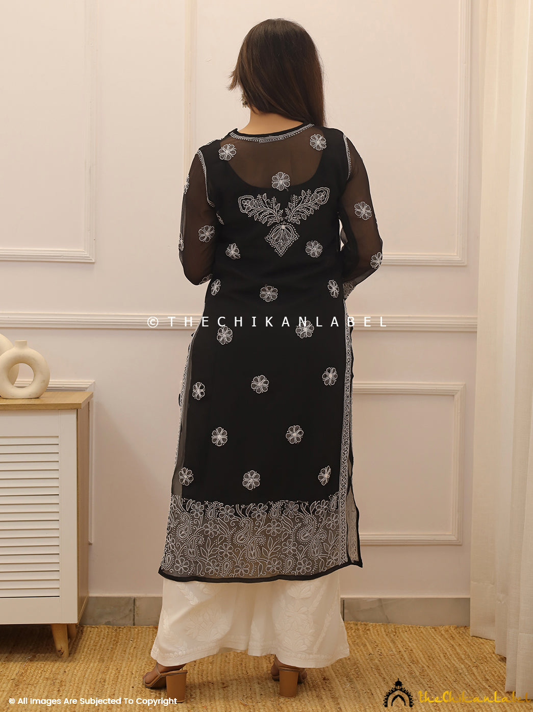 Black Naaz Georgette Chikankari Straight Kurti