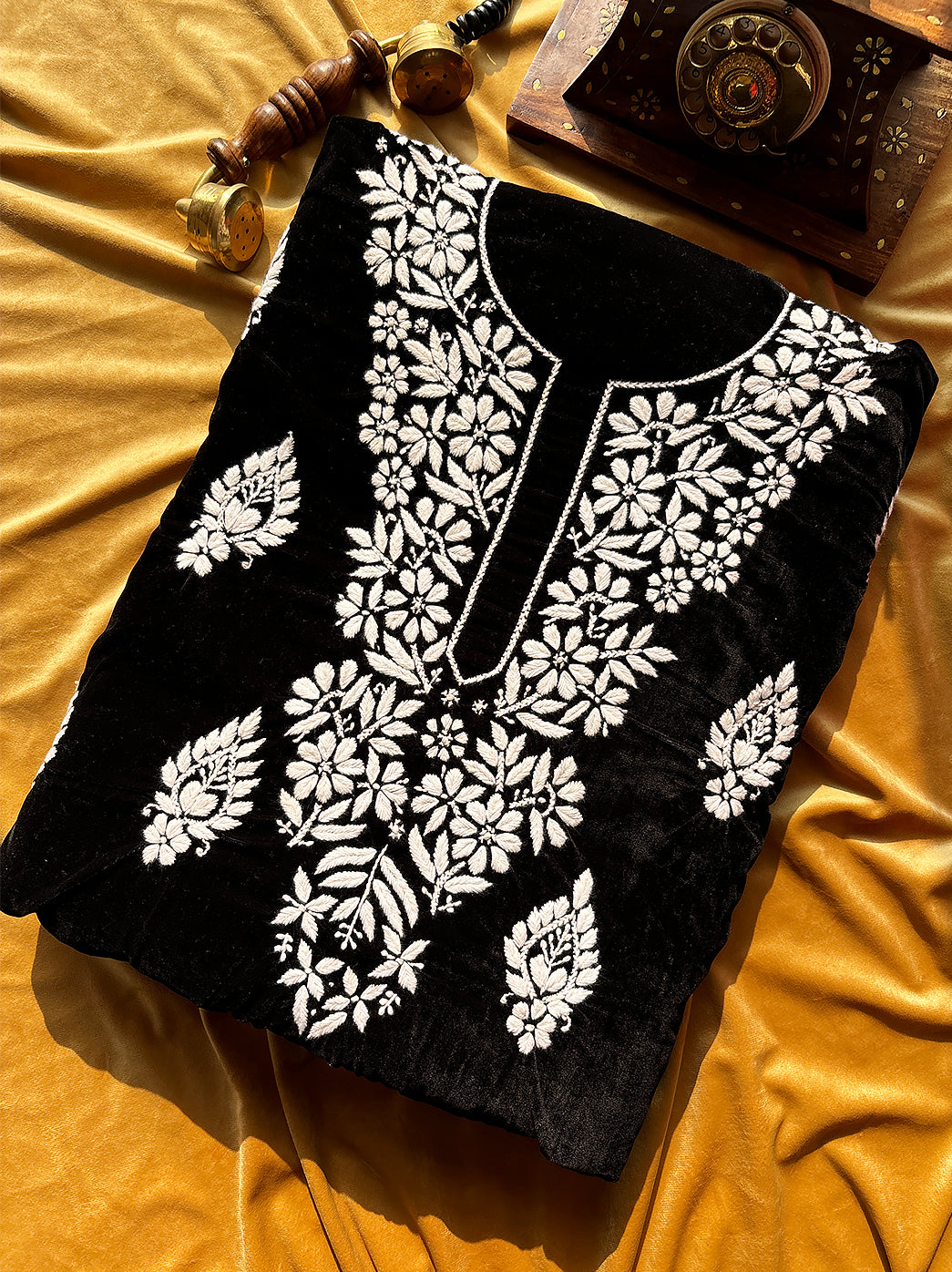 Black Vaanya Velvet Chikankari Straight Kurti Pant Set