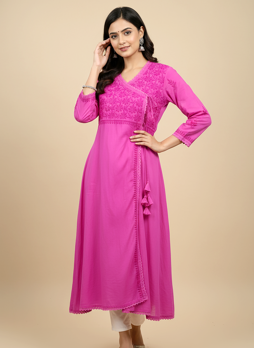 Pink Cotton Chikankari Angrakha