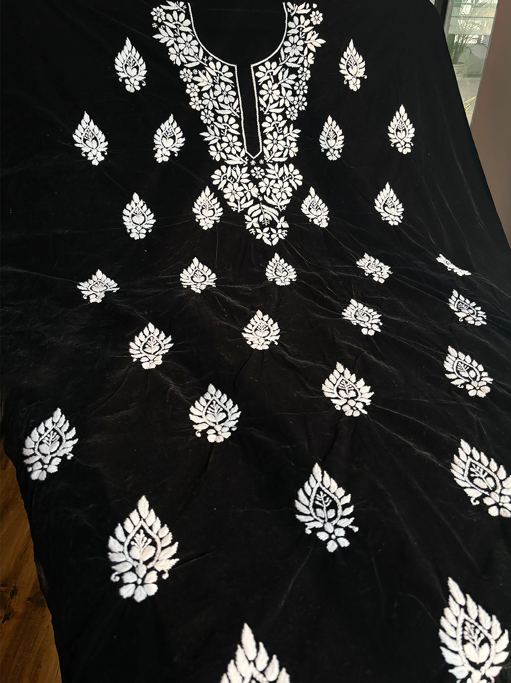 Black Vaanya Velvet Chikankari Straight Kurti Pant Set