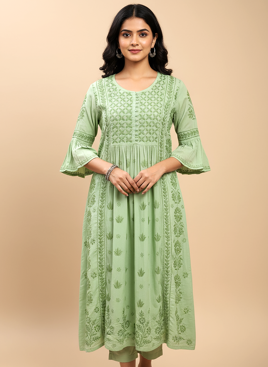 Green Modal Chikankari A-Line Kurti