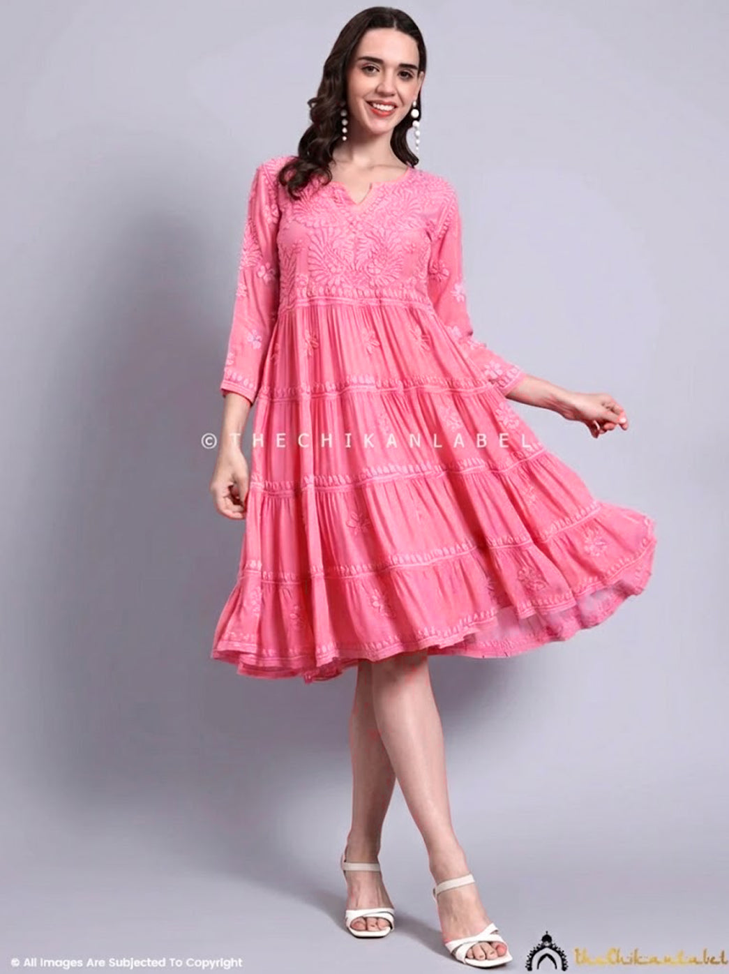 Afsara Crepe Chikankari Tier Tunic Gown - Pink