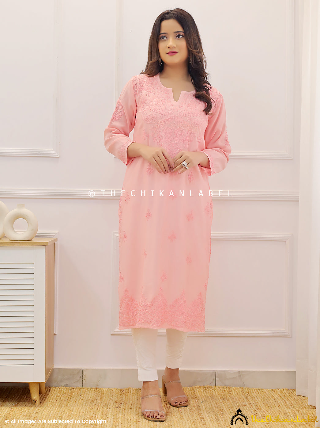 Peach Muslin Chikankari Straight Kurti