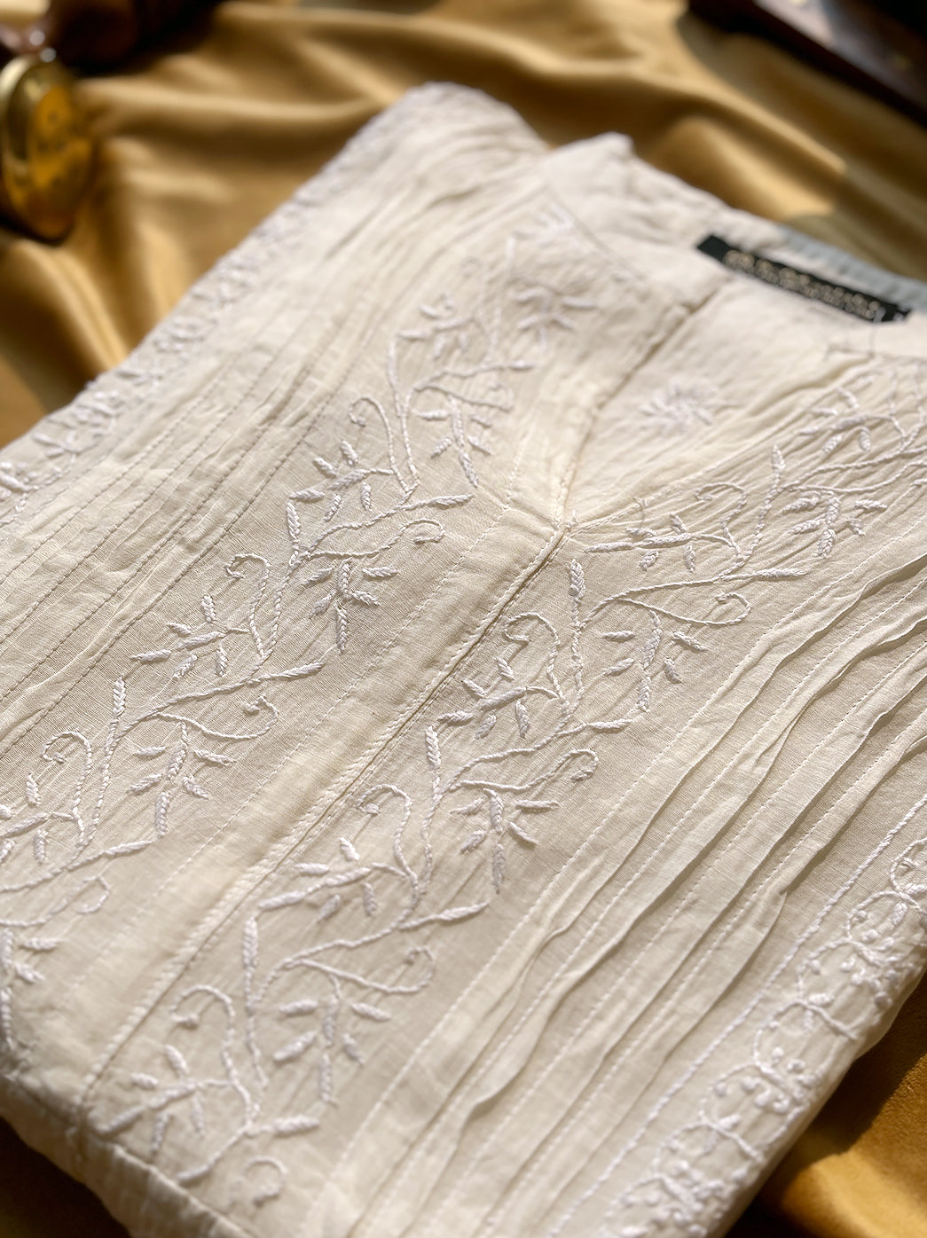 White Feba Mulmul Chanderi Semi-stitched Chikankari Shirt