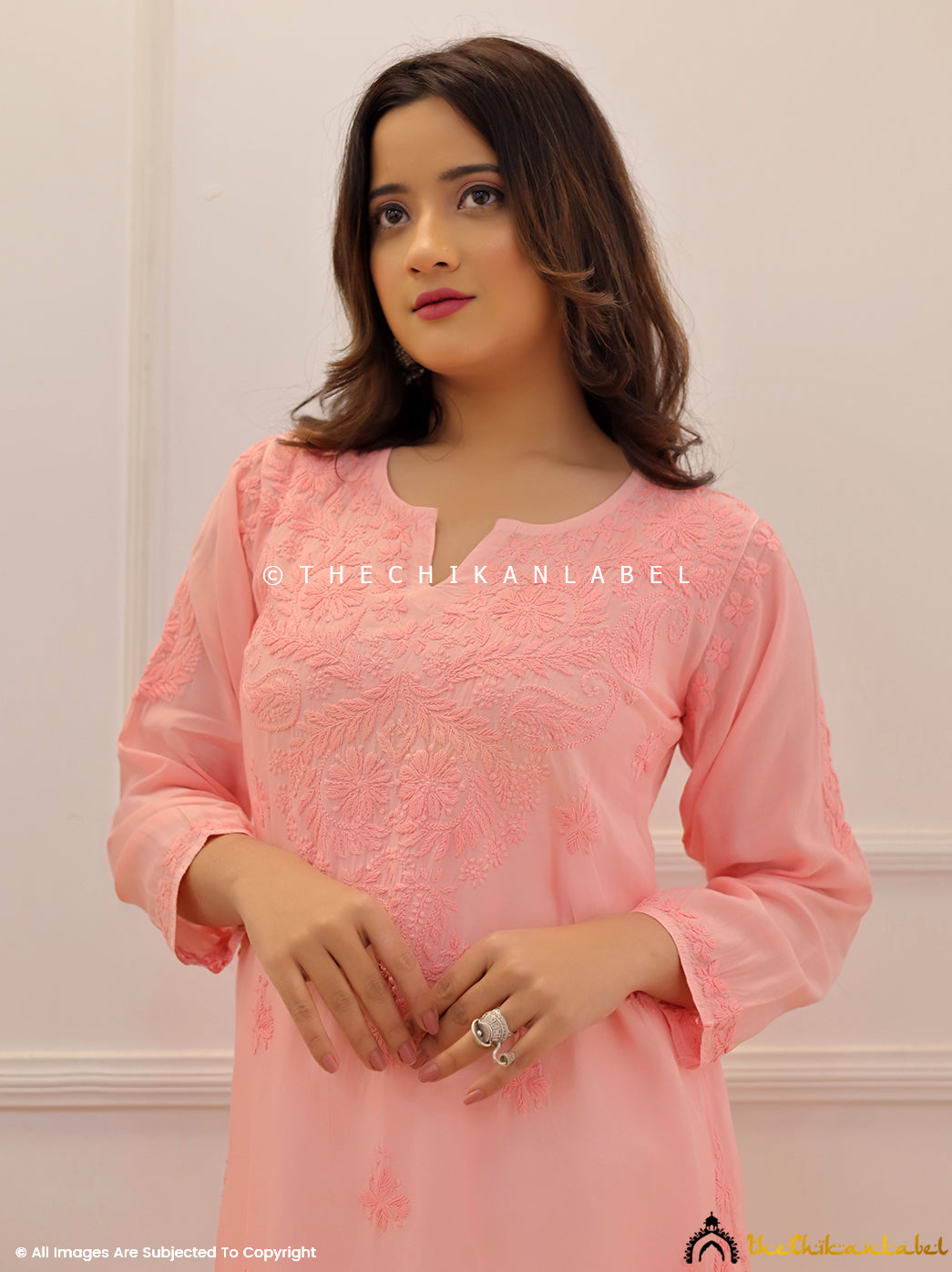 Peach Muslin Chikankari Straight Kurti