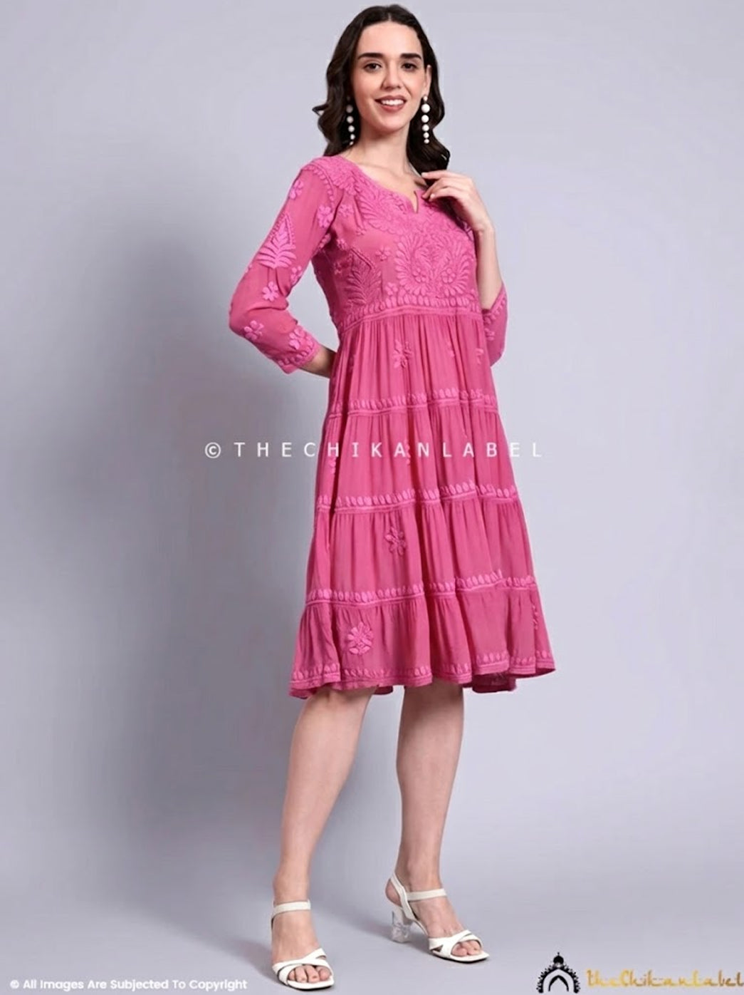 Afsara Crepe Chikankari Tier Tunic Gown - Pink