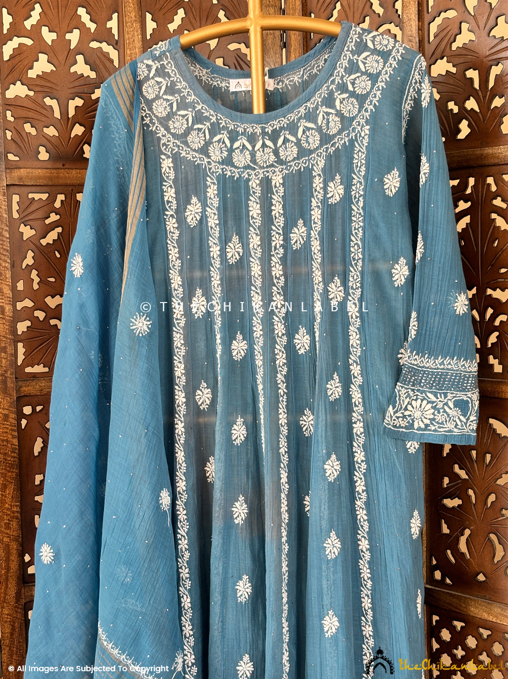 Blue Bhoomi Tissue Silk Chikankari Straight Kurti with Dupatta