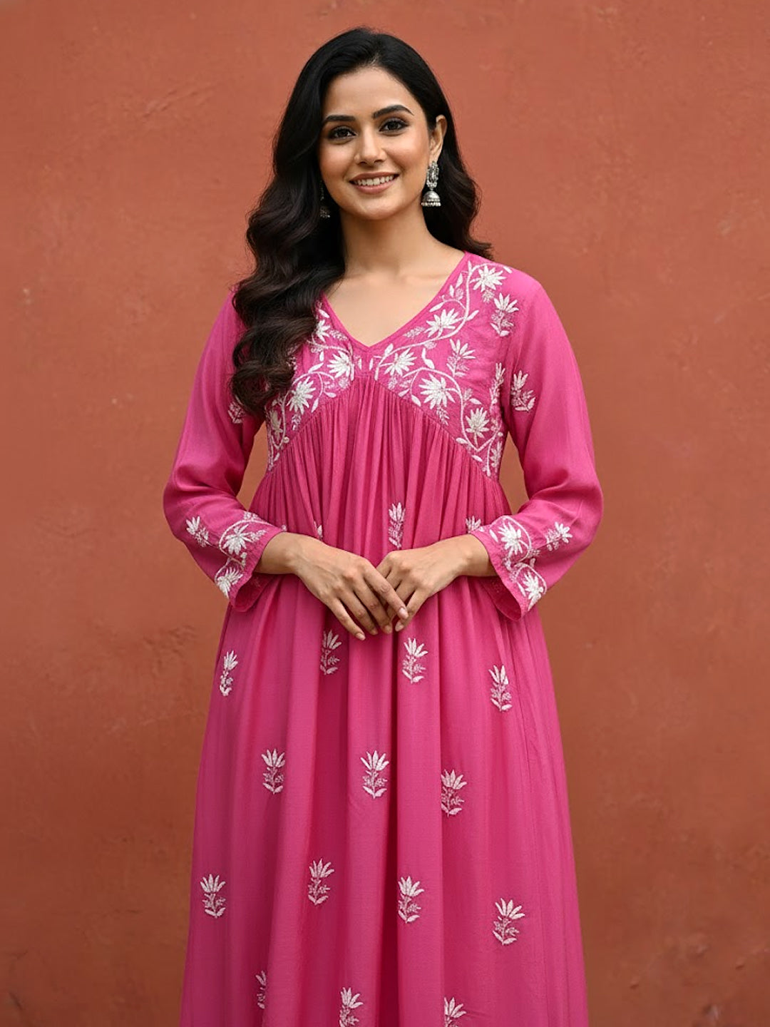 Pink Muslin Chikankari A-Line Kurti