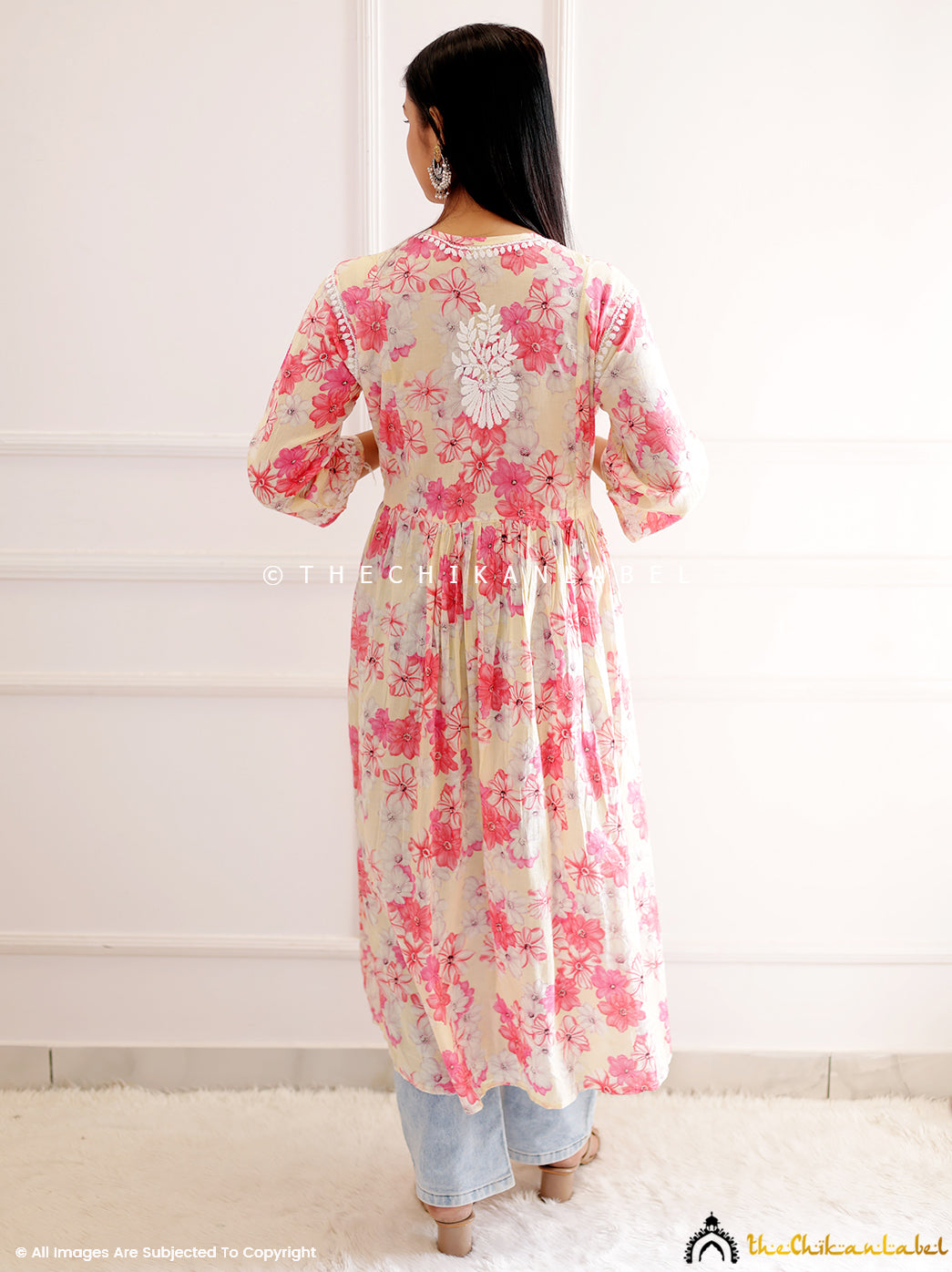 Beige Mulmul Printed Chikankari A-Line Kurti