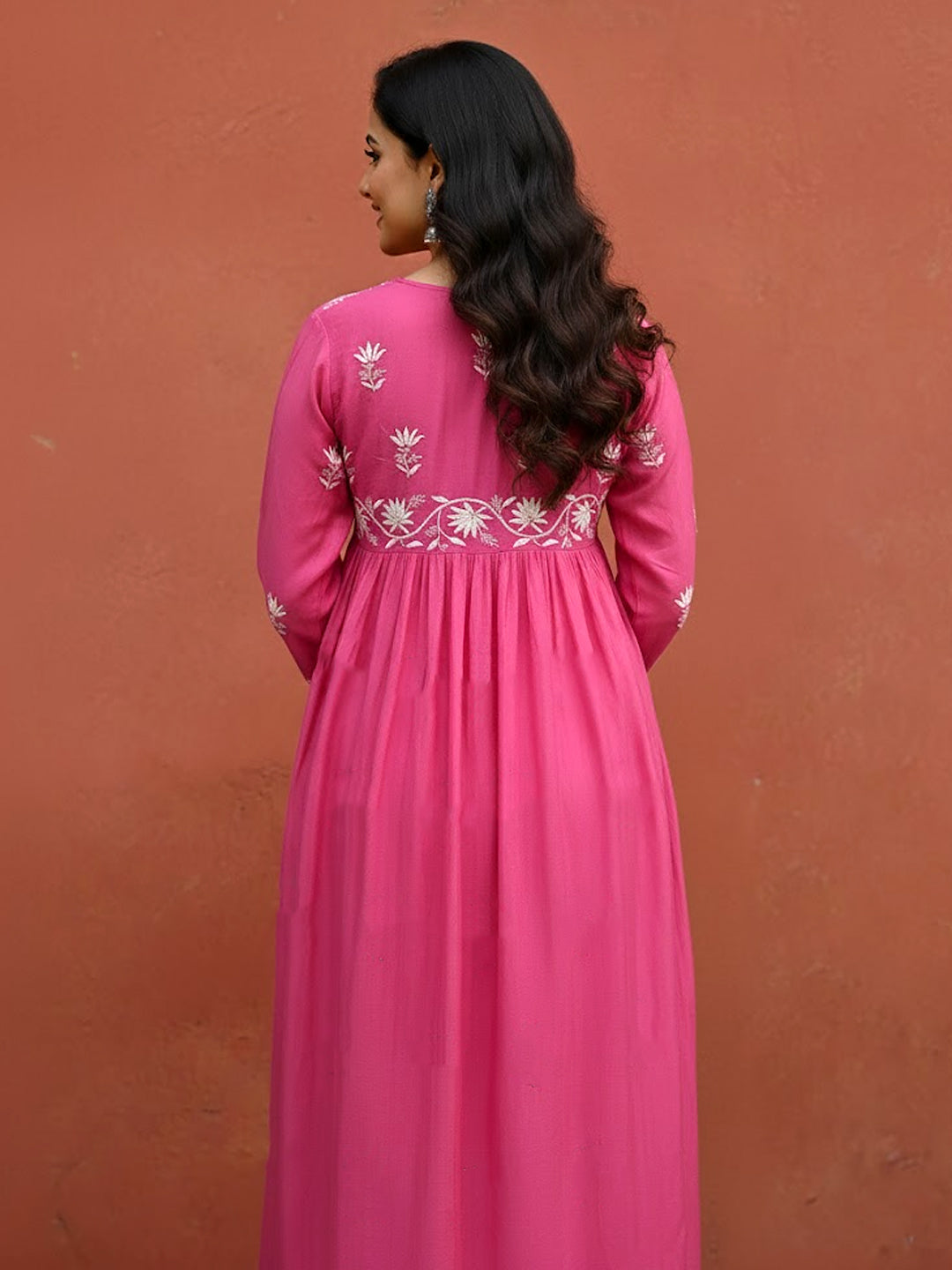 Pink Muslin Chikankari A-Line Kurti