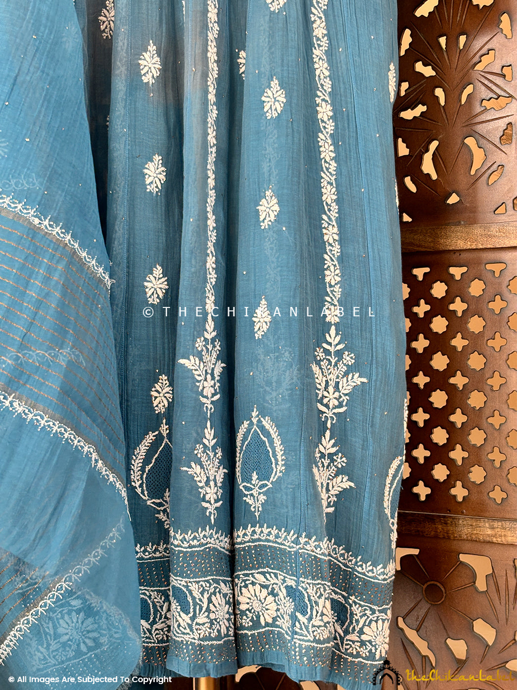 Blue Bhoomi Tissue Silk Chikankari Straight Kurti with Dupatta