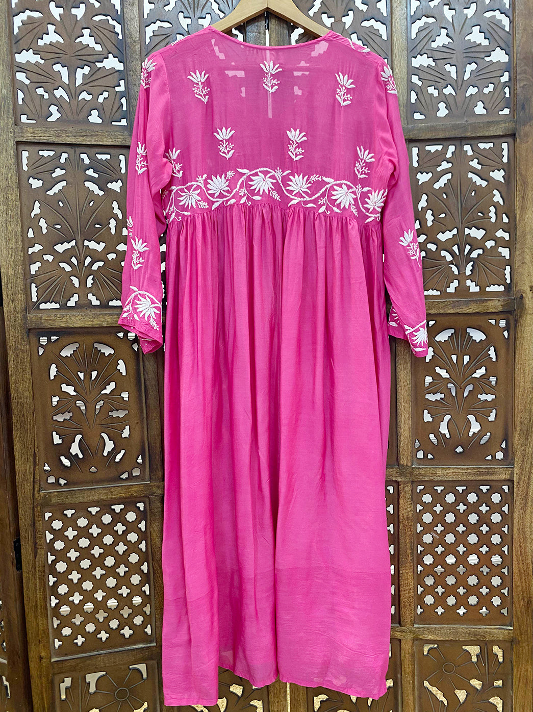 Pink Muslin Chikankari A-Line Kurti