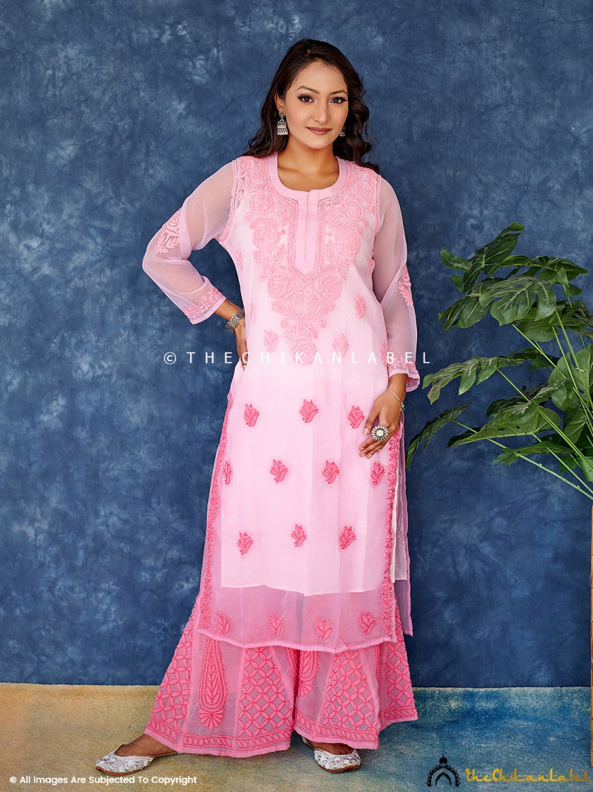 Ombre Pink Georgette Chikankari Straight Kurta Set ,Chikankari Short Kurta Set in Georgette Fabric For Woman