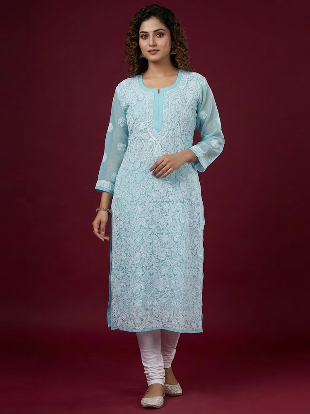Light Blue Georgette Chikankari Straight Kurti